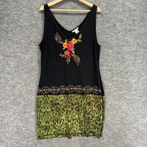 Krista Lee Dress Women XL Black Floral Embroidered Sheath Midi V-Neck Sleeveless